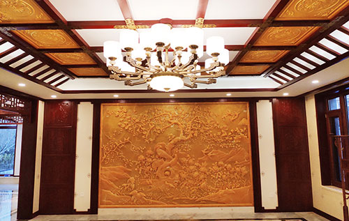 仙居中式别墅客厅中式木作横梁吊顶装饰展示